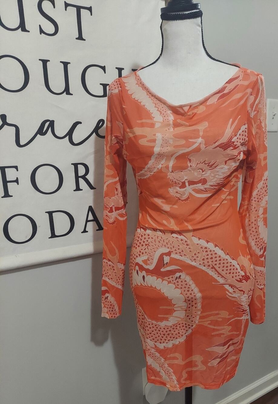ASOS Orange Mesh Dragon Print Bodycon Dress Long Sleeve Y2K Festival US 8M Rave